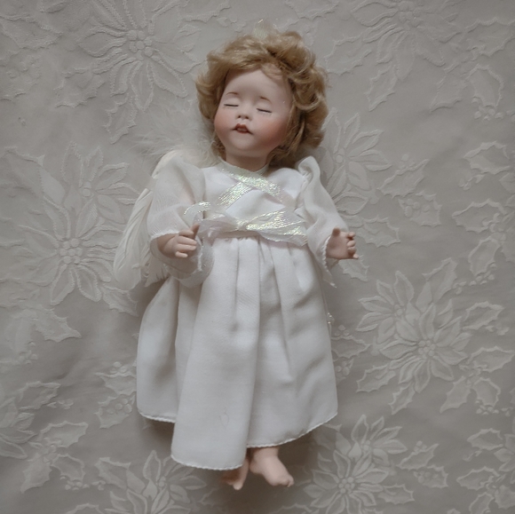 Porcelain doll vintage angel white dress feather wings